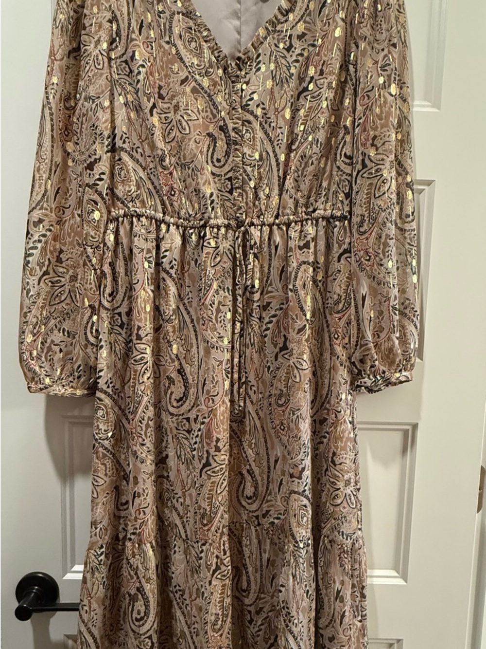 LOFT Beige Paisley Long Sleeve Tiered Maxi Dress with Gold Accents